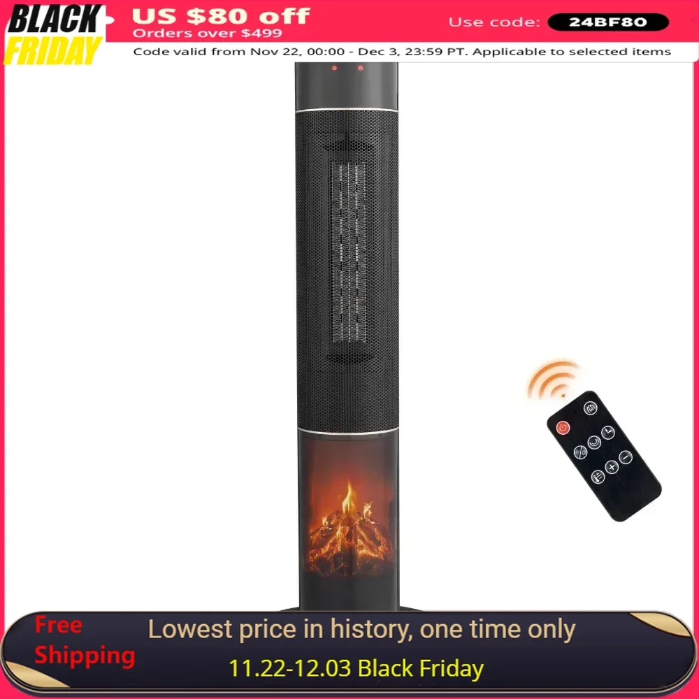 1500W Portable Electric Heater with Thermostat 60° OscillationTimer Remote Control for Indoor Tower Space Heater with 3D Flame