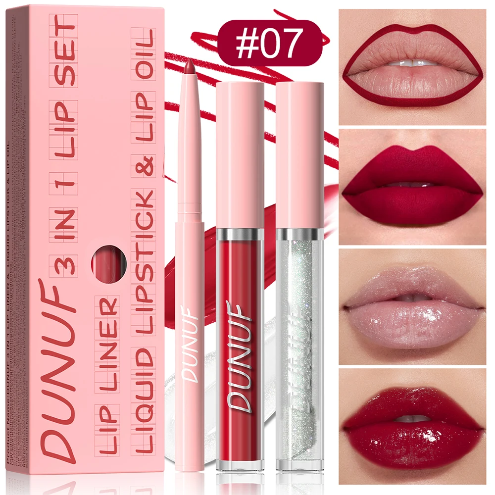 

DUNUF 3Pc/set Red Matte Liquid Lipstick Nude Brown Lip Liner Pencil Kit Pigment Waterproof Lip Gloss Oil Lasting Lip Tint Kit