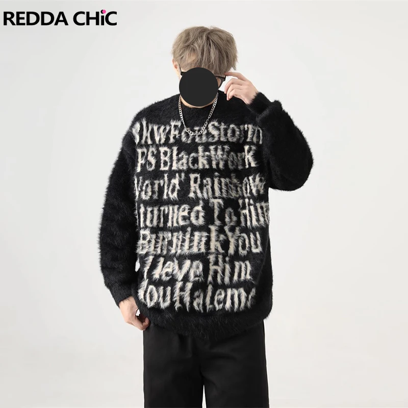 

REDDACHIC Vintage Letter Men's Mohair Sweater Crew Neck Long Sleeve Casual Loose Knitted Jumper Top Hip Hop Korean Streetwear