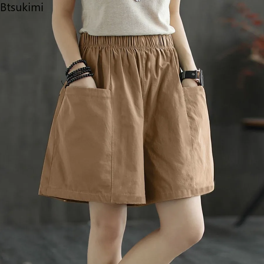 2024 Women's Loose Casual Shorts Fashion Harajuku Solid All Match High Waist Wide Leg Pants Summer Big Pocket Cargo Shorts Femme