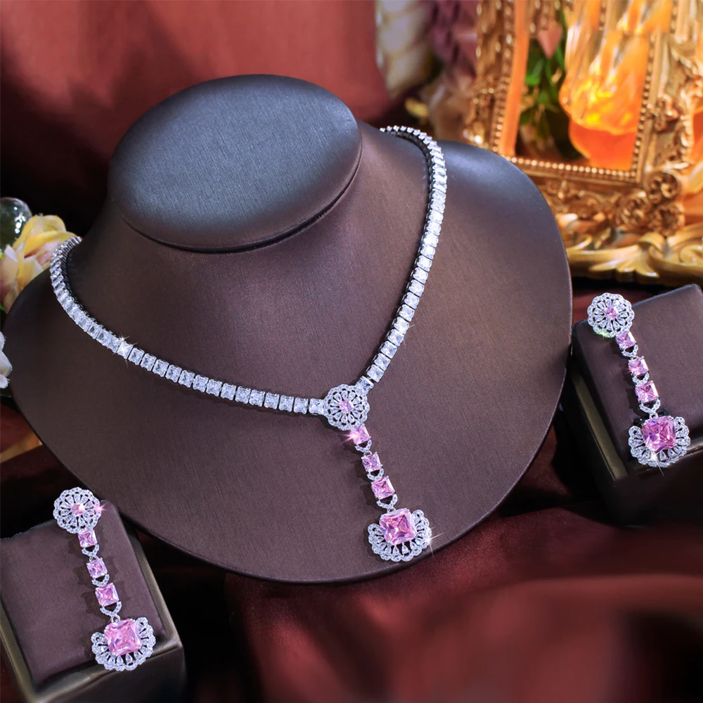 BeaQueen Classic Pink Princess Cut Cubic Zirconia Long Pendant Earrings Necklace Set for Women Wedding Decor Party Jewelry T0980