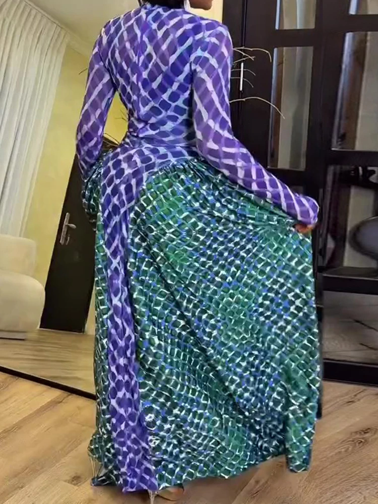 Elegant Holiday Long Sleeve O Neck Maxi Dress for Women See through Slim Fit Fashion Patchwork Spring Autumn Simple Party Dress