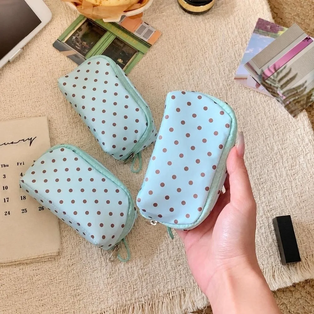 Durable Mint Green Small Makeup Bag Polka Dot Print Portable Mini Cosmetic Pouch Coin Purse Daily Use