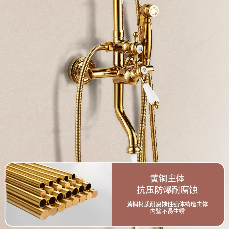 مجموعة دش نحاسية ذهبية مع رأس دش محمول بارتفاع قابل للتعديل ومقبض واحد دش ريترو ساخن/بارد مع مسدس رش #2