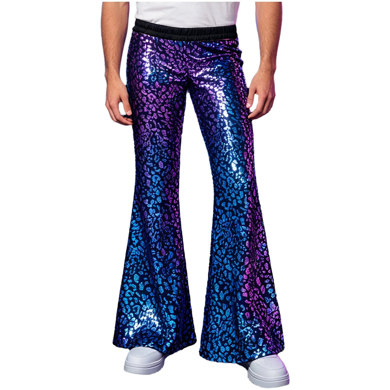 Mens 70s Disco Metallic Shiny Flared Pants Elastic Waistband Spot Print Retro Bell-bottom Trousers for Jazz Dance Rave Nightclub