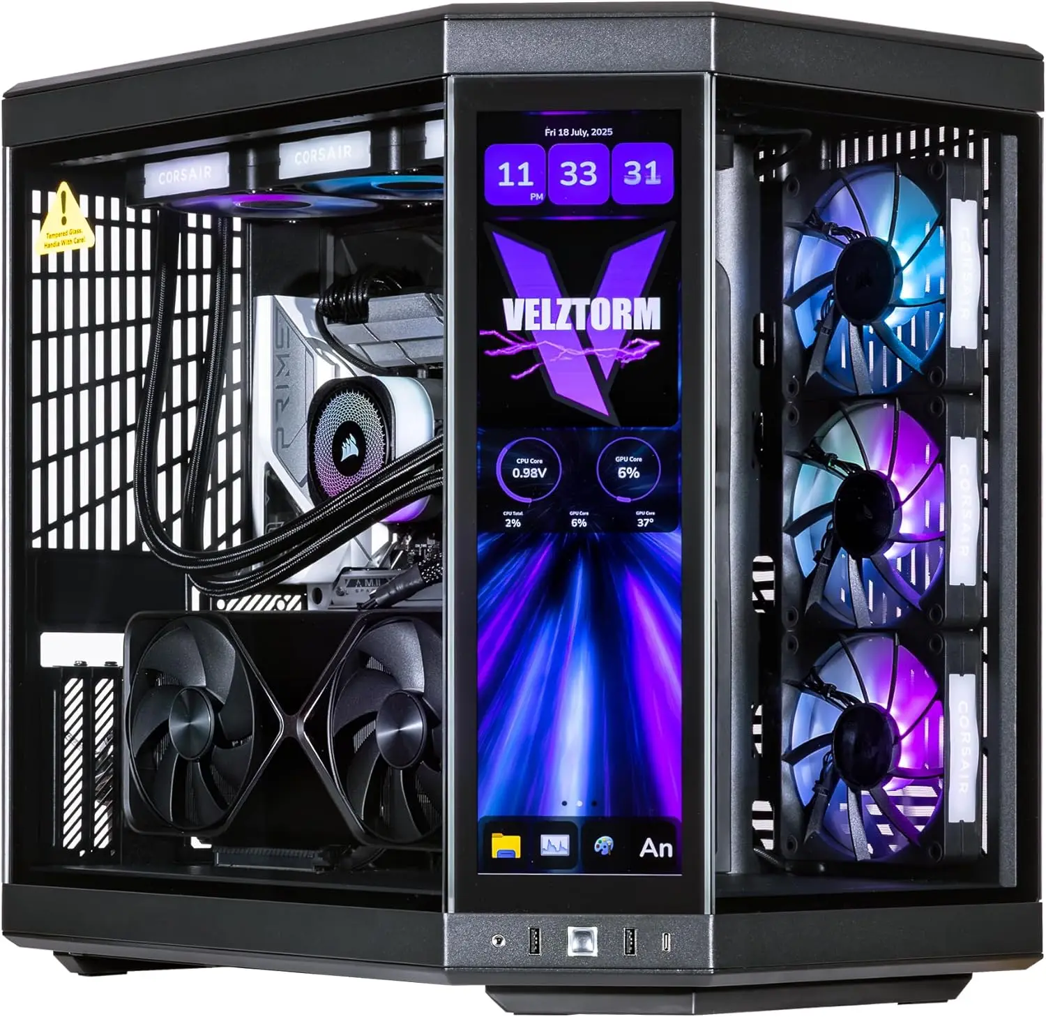 Velztorm LCD Black Praetix Custom Built Y70 Touch Gaming Desktop PC GeForce RTX 5080 16GB 4090, Liquid Cooled Intel