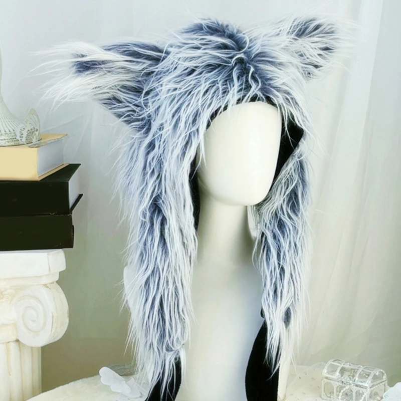 Oversized Wolf Hat with Ear and Pompoms Skiing Hat Furry Hood Cartoon Photo Props Outdoor Head Wrap Hat for Halloween