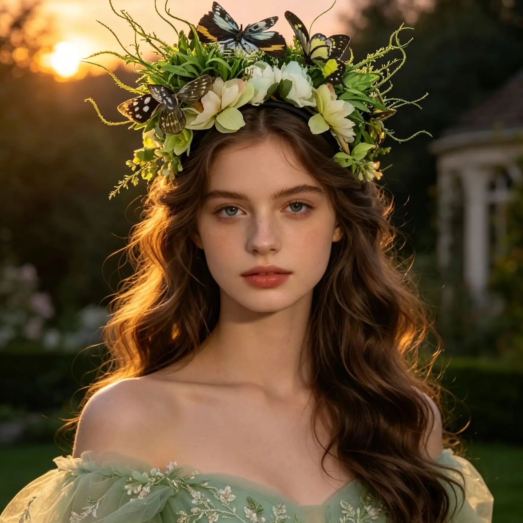 1-peca-de-tiara-de-flores-e-plantas-verdes-em-estilo-florestal-com-borboletas-verde-claras-tiara-boemia-para-casamento-ao-ar-livre-com-tema-de-por-do-sol-na-floresta
