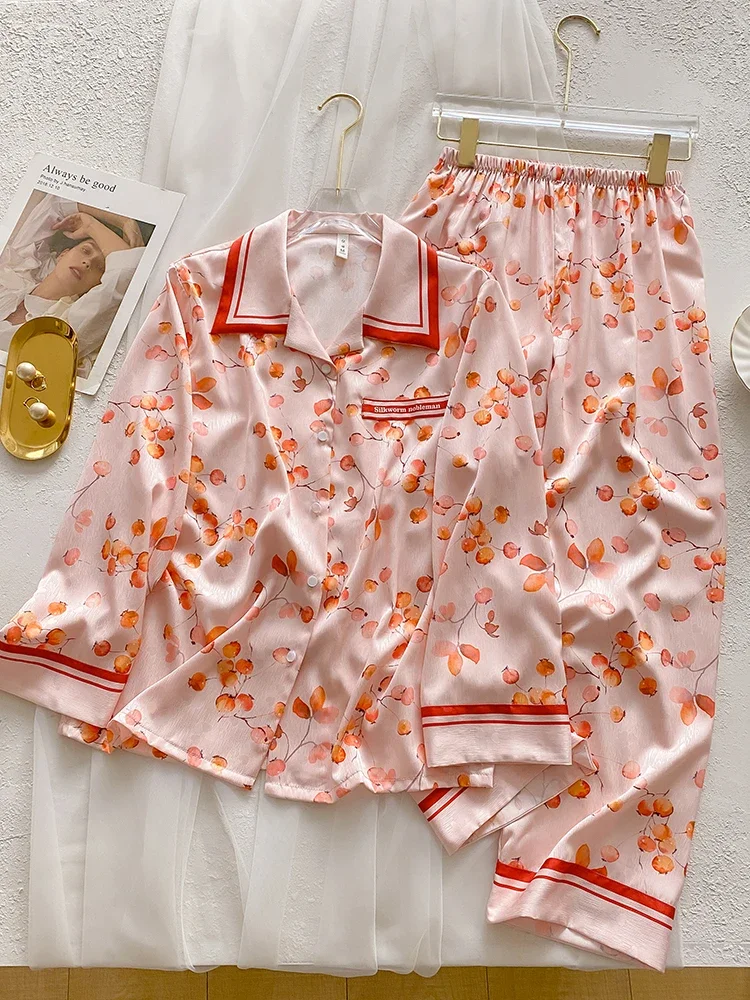 New Pink Pajama Women's Long Sleeve  Silk Home Furnishing Clothing Printed Set