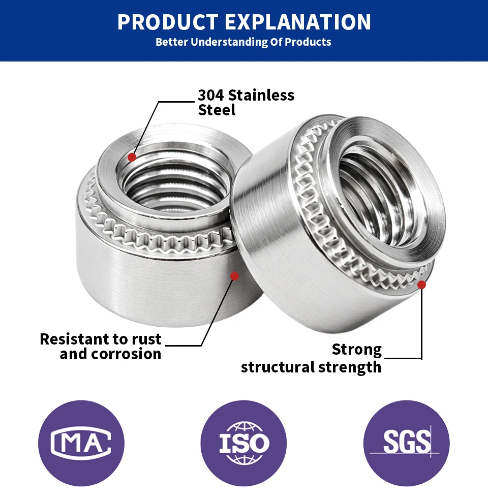 Edelstahl-Press-Nutsert, CLS Selbstklemmende Klemmmuttern 304, M2 M2.5 M3 M4 M5 M6, Blech- und Platten-Einpressgewindebefestigung – Detail 2