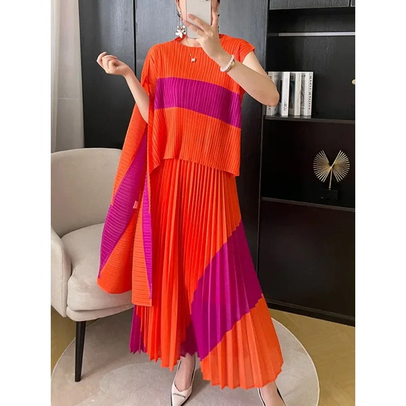 

ALSEY Miyake Pleated Shawl Irregular Sets for Women 2023 Autumn New Colorblocked Top + Long Large Swing Skirt Two-piece Sets