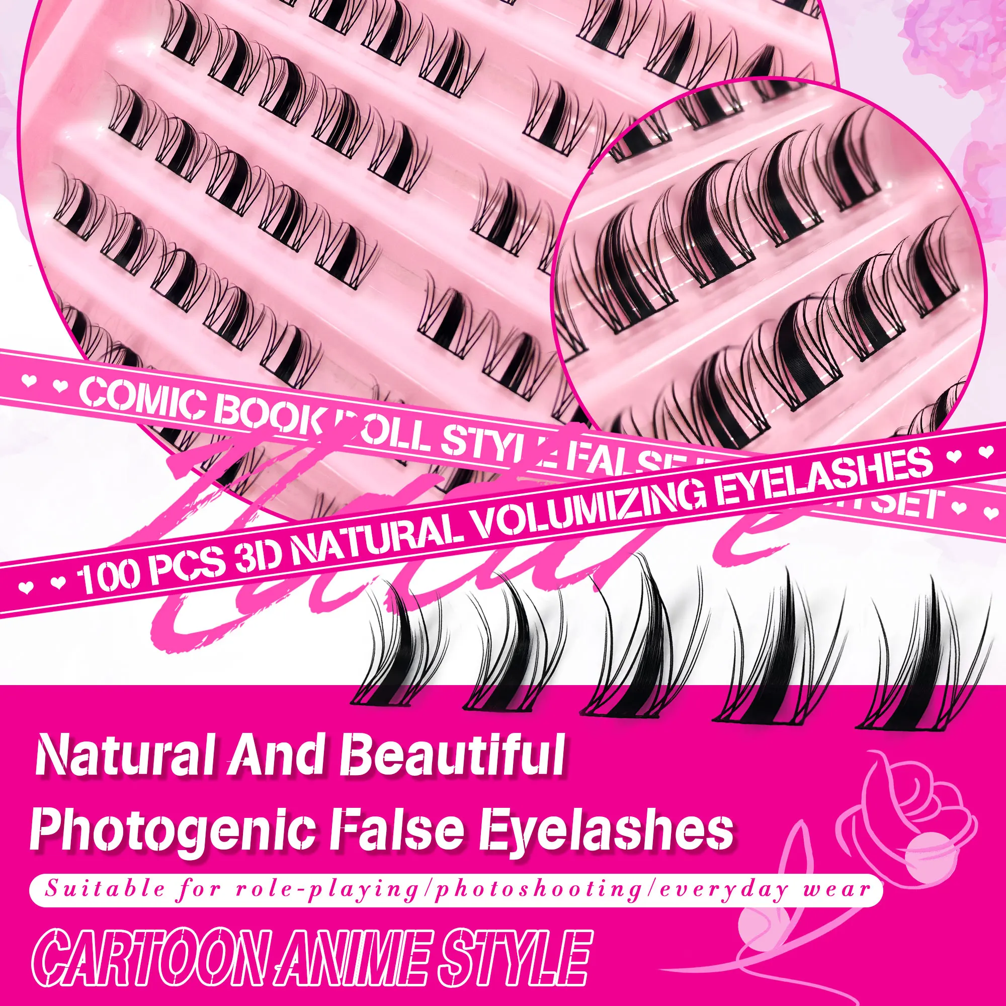 100-faches Comic-Set für falsche Wimpern, puppenartige, märchenhafte 3D-Wimpern, inklusive Kleber und Pinzette.