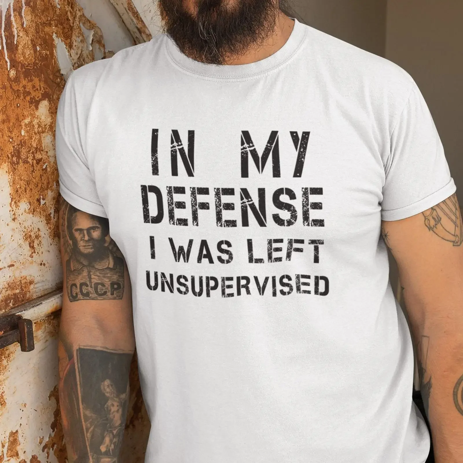 Men's T Shirt In My Defence I Was Left Unsupervised Funny Slogan Print TS1590 vintage Washed graphic designer clothes