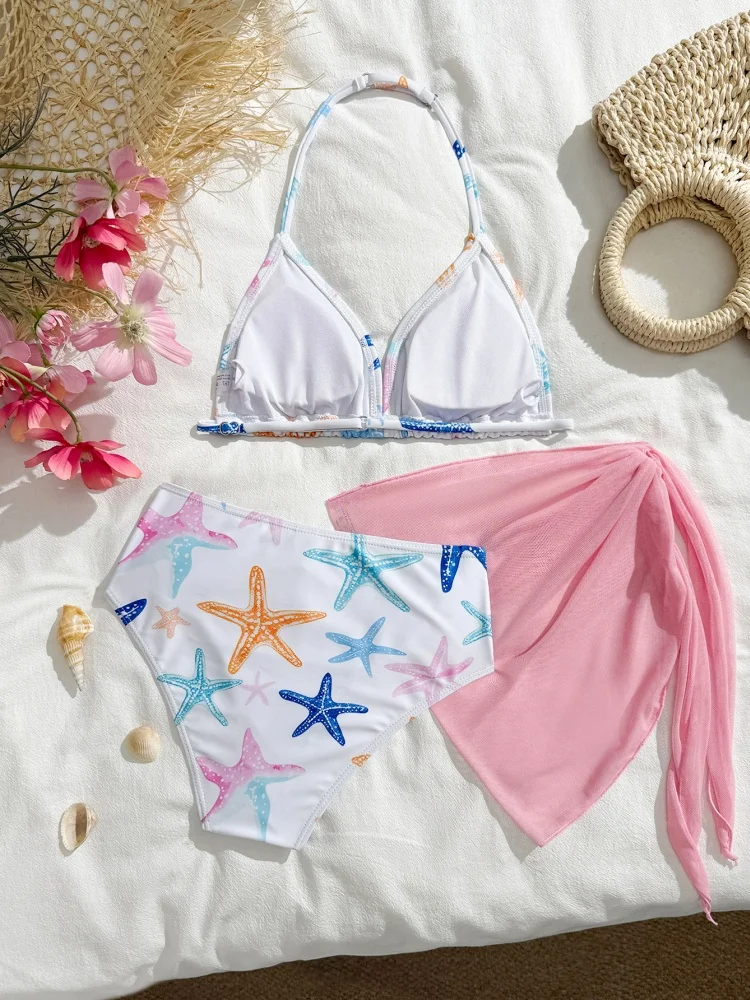 Bikini Girls Kids Swimsuit 2026 New Starfish Print Halter Children Swimwear Summer Mesh Skirt Three Piece Beachwear Bathing Suit