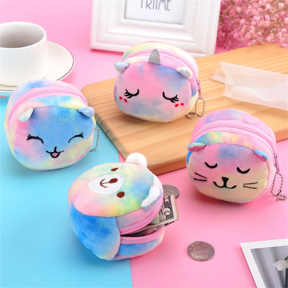 Cute Cartoon Plush Unicorn Coin Purse Cat Fur Circle Wallet Girl Clutch Embroidered Bag Key Earphone Organizer Bags Kids Gifts