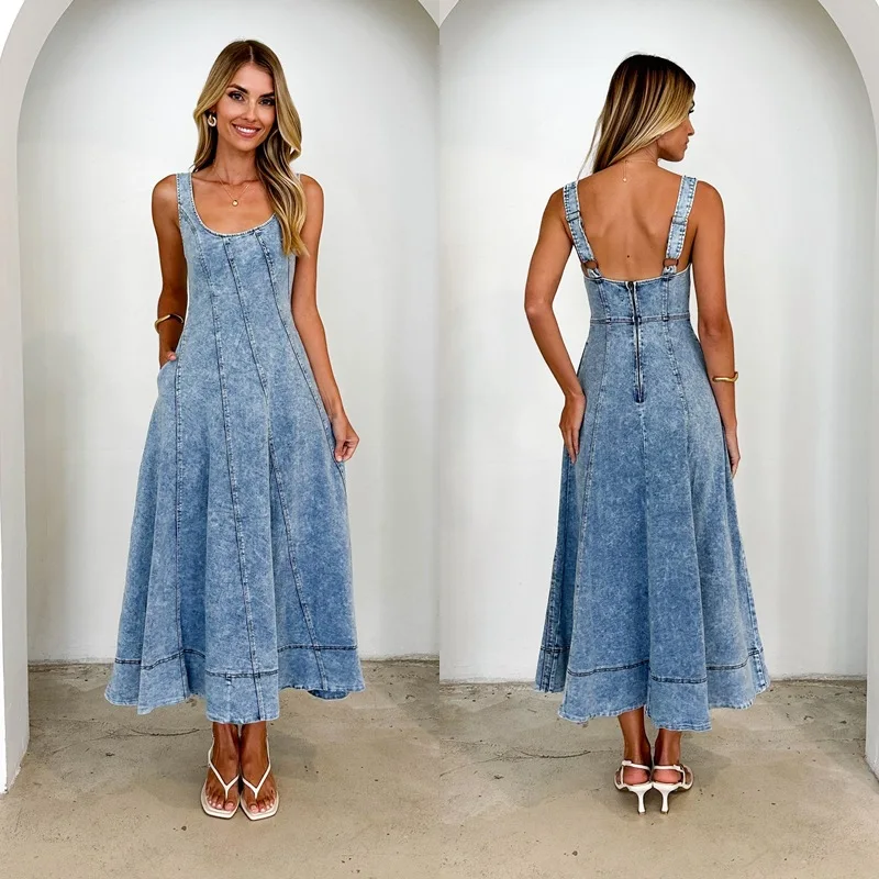 SuperAen 2025 New Summer Women's Long Sleeveless and Backless Denim Dress European and American Style Fashion A-line Dresses
