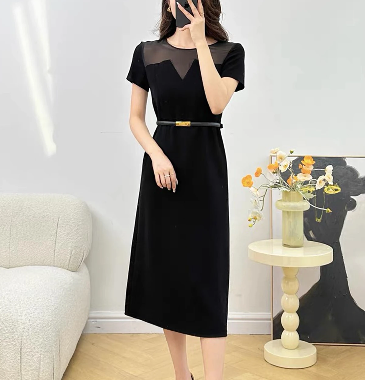 M New Luxury High-end Elegant Black Silk Dress High Waist Temperament Slim Short Sleeve Dress Female with Sashes Long Dress