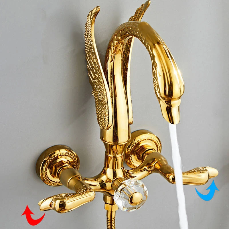 Exposed Antique Luxury Brass Shower Set 10 Inch Overhead Shower Head Gold Color Swan Shower Faucet