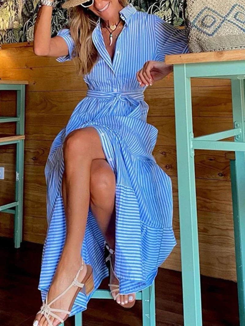 Streetwear Striped Print Shirt Dress Summer Clothing Women Short Sleeve Button Up Maxi Long Dresses Casual Smock Dress Vestidos
