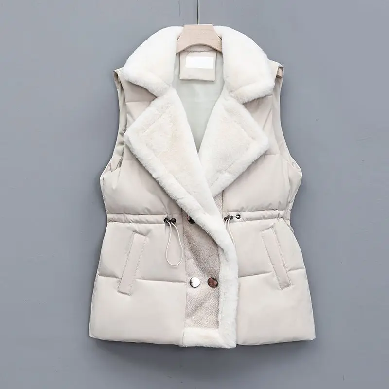New women's fur integrated down cotton vest jacket autumn winter warm lamb wool vest coat female windproof cotton waistcoat