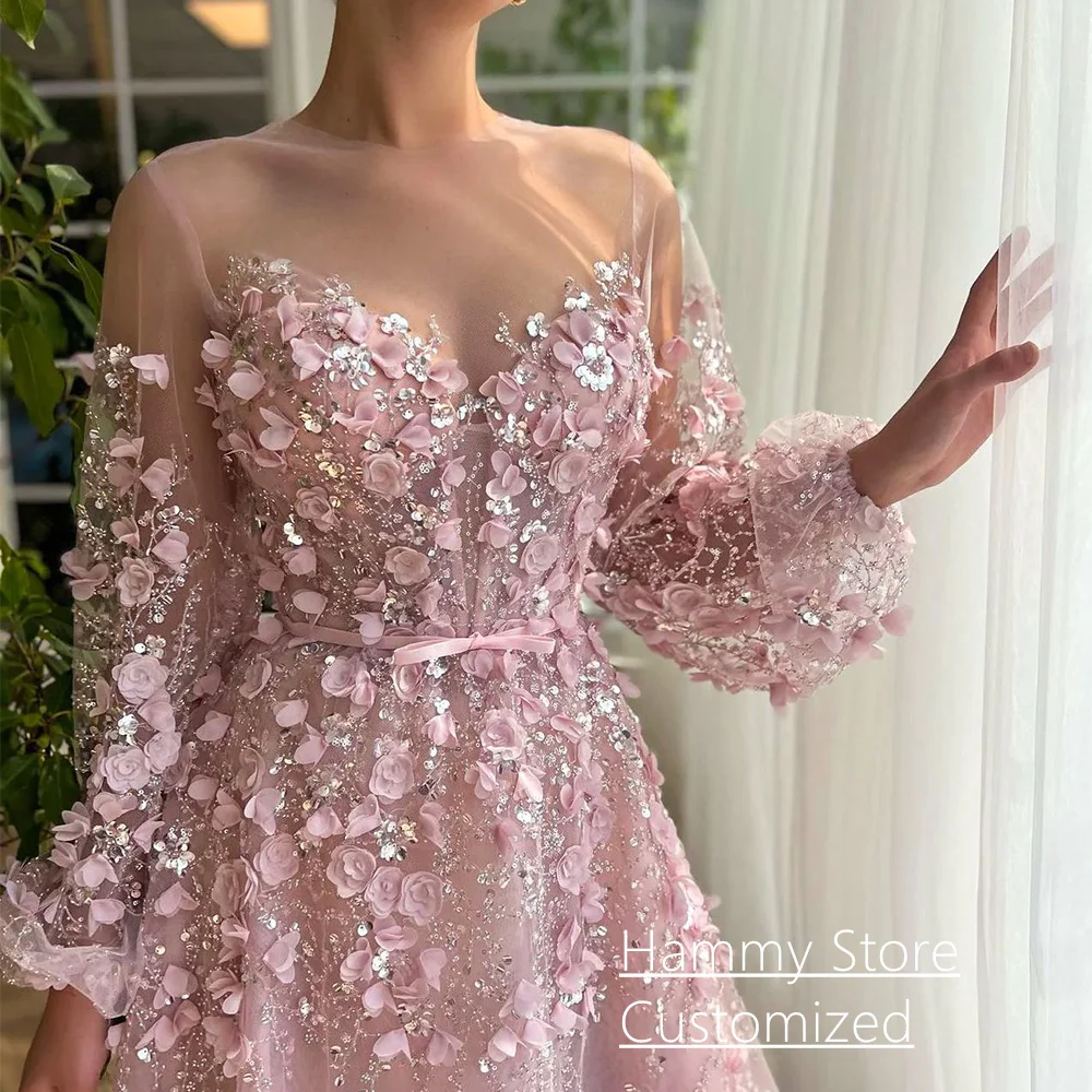 Sukienka wieczorowa księżniczki, szyta na miarę, bufiaste rękawy, prześwitujący dekolt O-neck, koraliki, kwiaty, linia A, prześwitująca, suknie na studniówkę/imprezę.