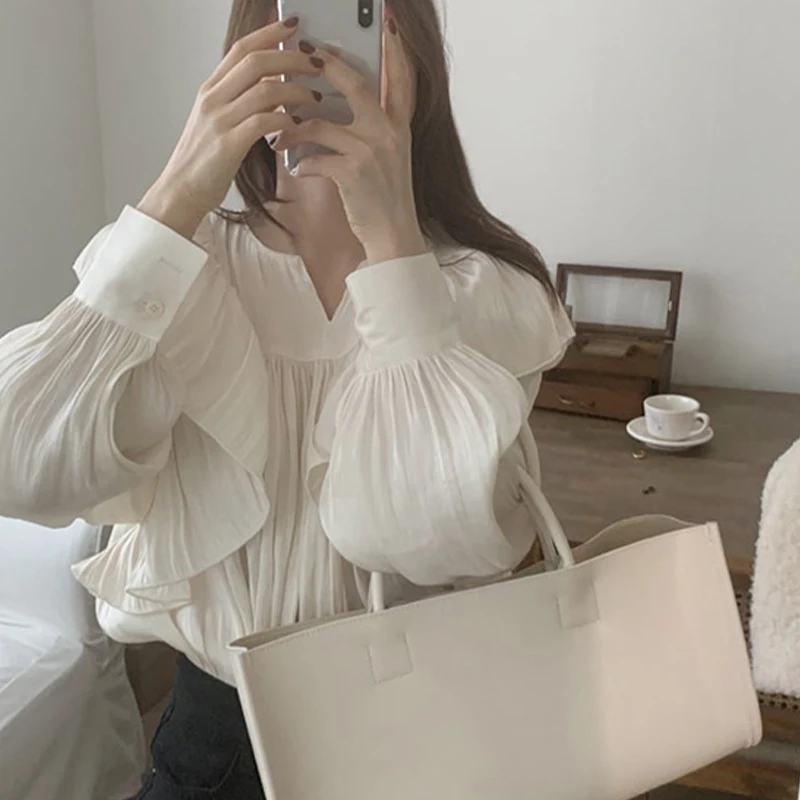 Korean Style Solid Loose Ruffled Folds Women Blouse Long Sleeve Casual Lantern Sleeve Women Blouse Half Open Collar Lady Tops