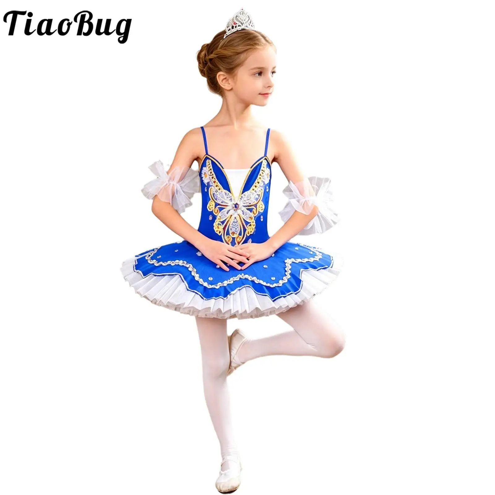 Kids Girls Ballet Dance Tutu Princess Dress Bow Spaghetti Straps Layered Tulle Dresses with Cuffs Stage Performance Costume