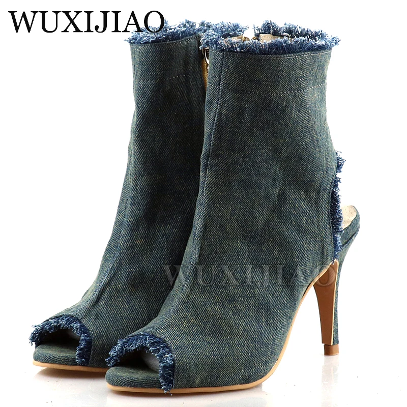 WUXIJIAO New Dance Shoes Denim Classic Blue Latin Samba Cha Cha Dance Shoes Heel Cutout Design Fashion Dance Boots