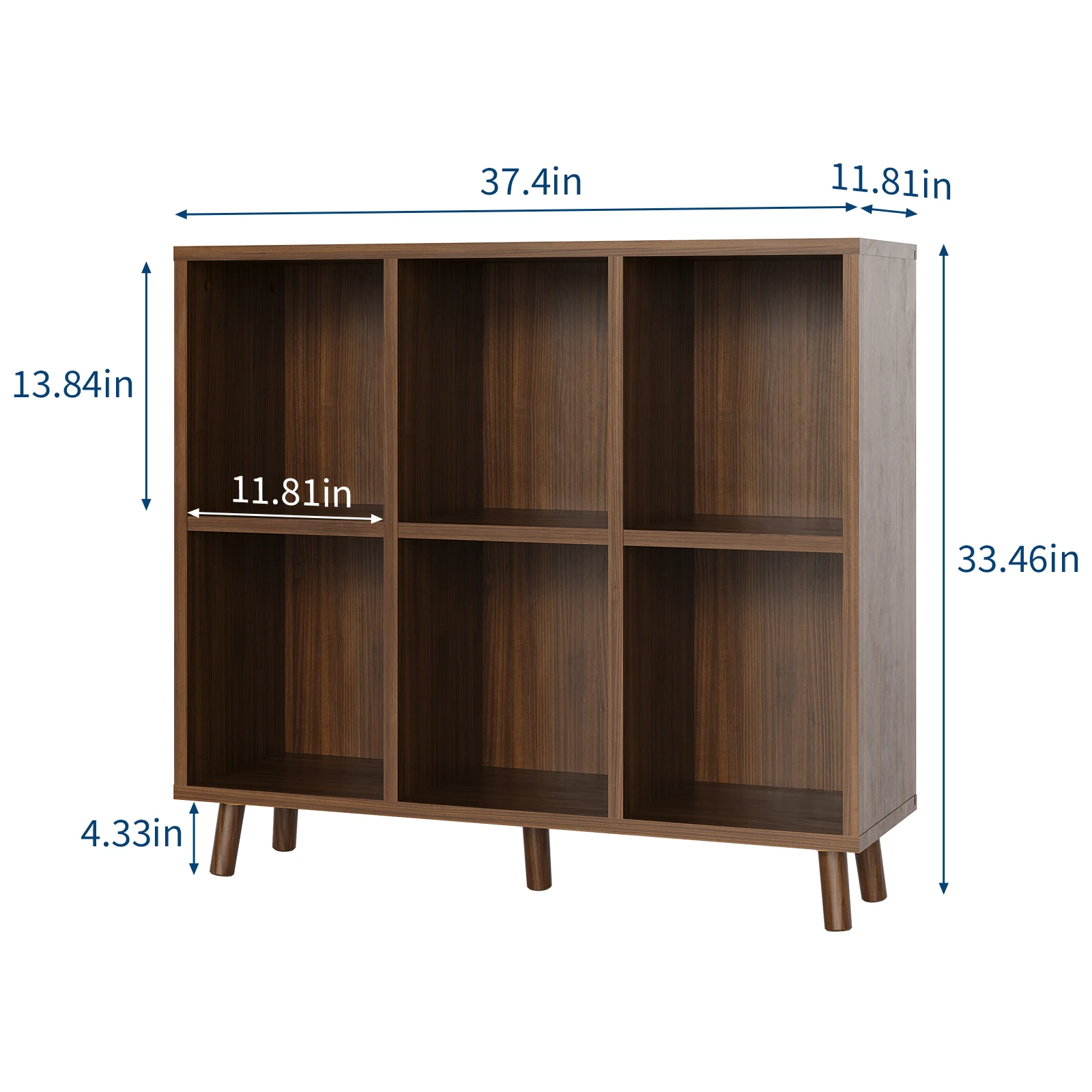 Mid Century 6 Cube Open Bookshelf, Wooden Cubby Storage Bookcase with Wood Legs, Freestanding Display Storage Shelf for Home Office, Living Room, Bedroom