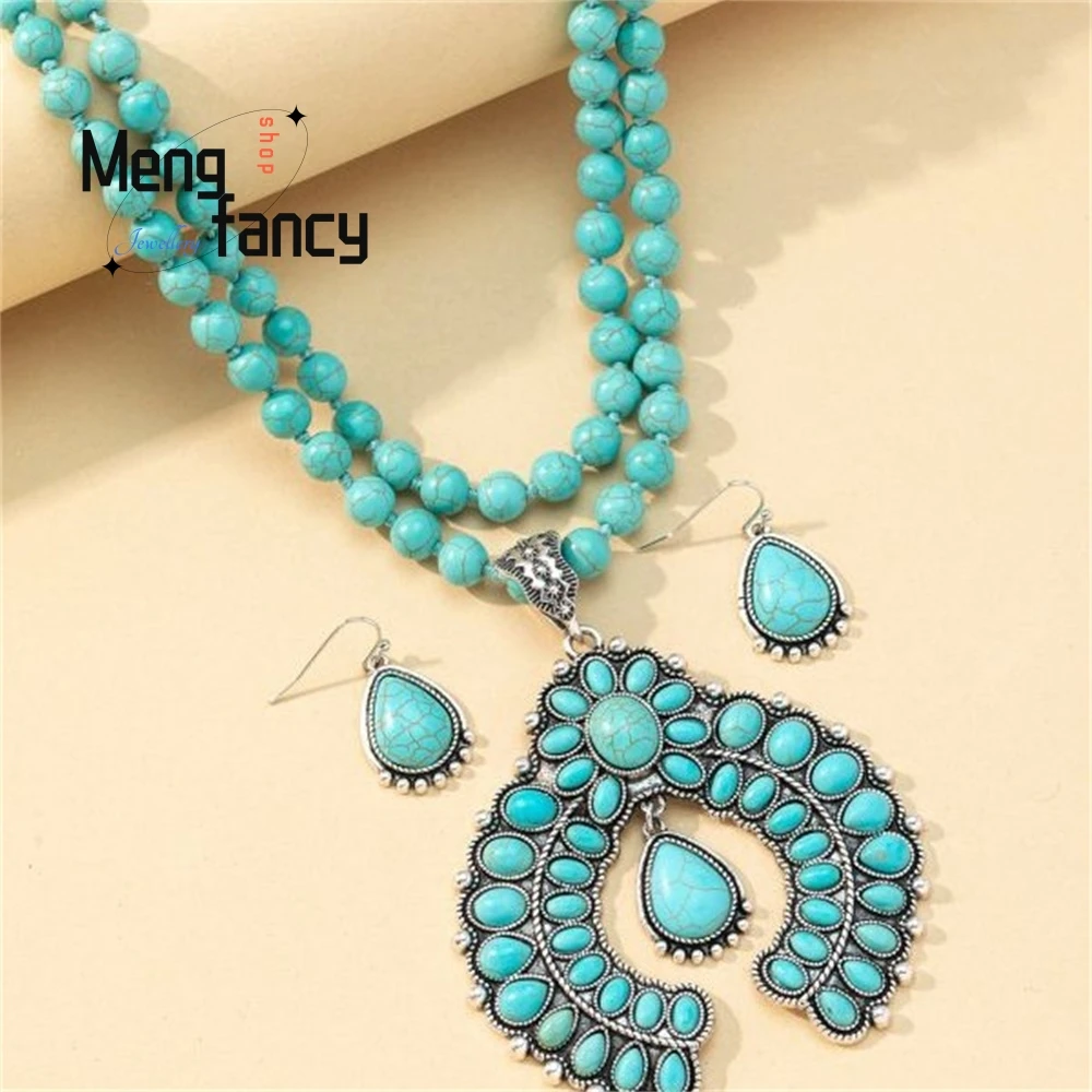 الرجعية ثلاث طبقات زهرة الأقراط، الأقراط الفيروز، النمط الغربي مبالغ فيه الفيروز سبحة صلاة قلادة، مجموعة مجوهرات