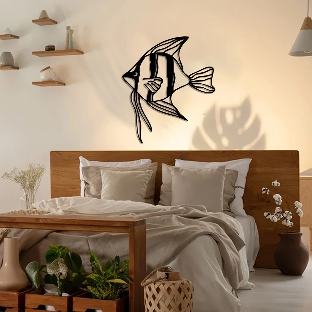 Arte da appendere alla parete di pesce in metallo, decorazioni per la casa della scuola di pesce, ornamento nautico in metallo di grandi dimensioni, decorazioni per la casa interne uniche, arte sopra il letto