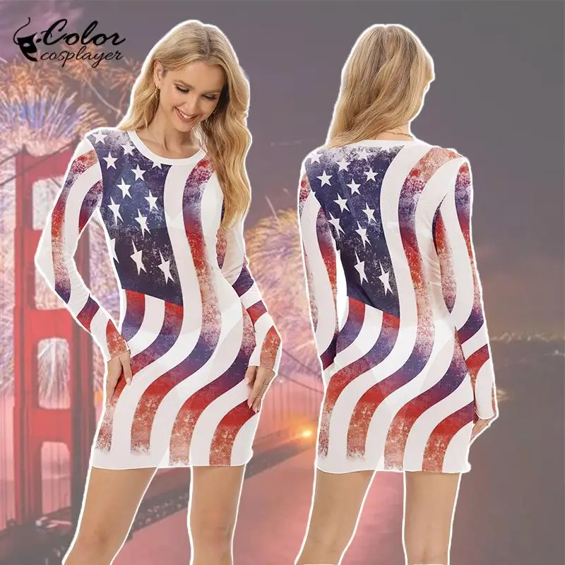 Color Cosplayer Independence Day Mini Dress Long Sleeve Women Mesh Visible Sheath Dress Carnival Party Sexy Cosplay Costume