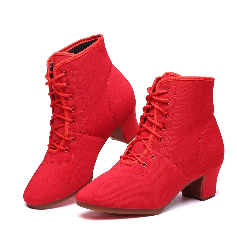 XIHAHA Women Oxford Cloth Ballroom Latin Dance Shoes Jazz Modern Woman Lace Up Dancing Boots Red Black Sports Dancing Sneakers