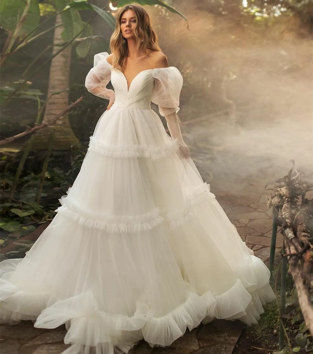 Robe de mariée longue en tulle ivoire, élégante, ligne A, col en V, train de balayage, boutons au dos, patients, quoi que ce soit pour les femmes