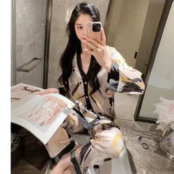 Lisacmvpnel Korean Fashion Women Pajama Set Ice Silk Long Sleeve Print Sleepwear