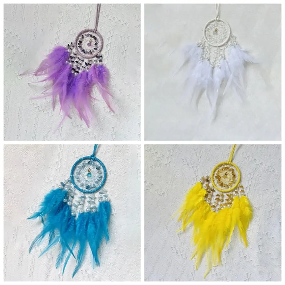 Hand Knitting Dream Catching Wind Chimes Decoration Car Pendant Tassel Catching Pendant Feathers and Iron Ring Delicate