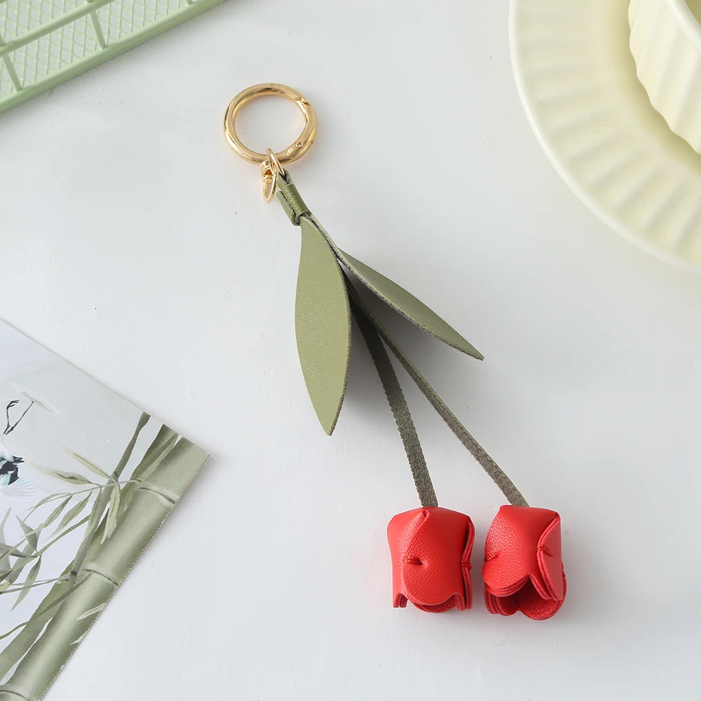 Cute PU Leather Tulip Keychain, Double Flower Bag Pendant, Fashion Key Ring for Women, Handbag Car Key Decor Accessory Gift
