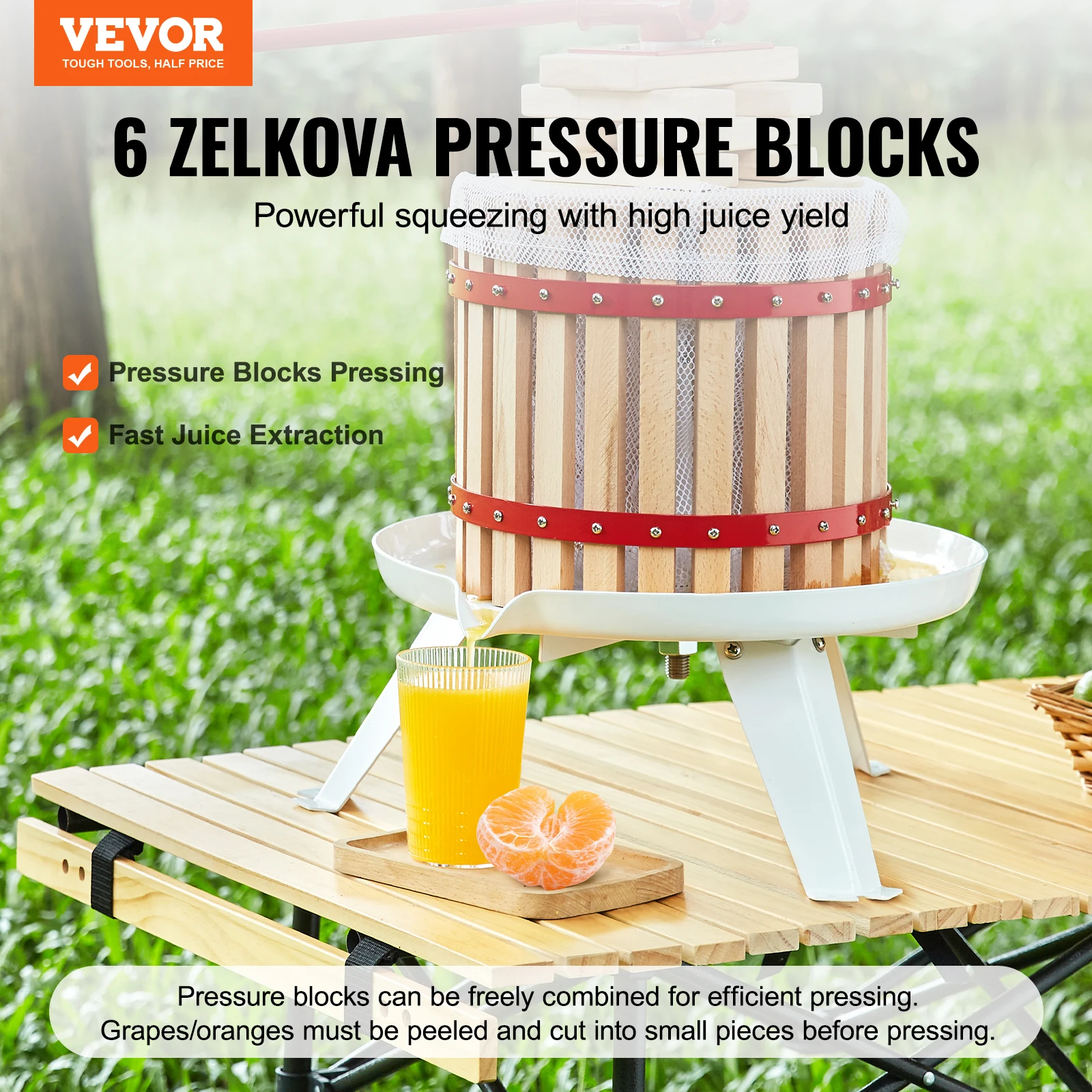 VEVOR Fruit Wine Press 6L/18L/12L Solid Wood Basket  6 or 8 Blocks Manual Juice Maker with Pole Handle Bar for Kitchen and Home