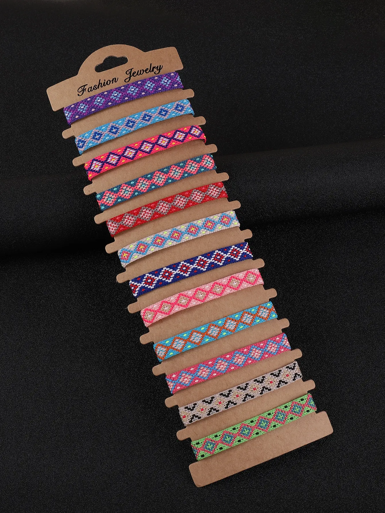 12-Piece Vintage Ethnic Woven Bracelet Set, Color-Block Geometric Adjustable Friendship Bracelets, Boho Vacation Style