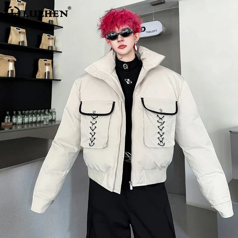 

LUZHEN 2025 зимнее персонализированное пальто с перекрестным плетением и карманами, украшенное воротником-стойкой, стеганое пальто, мужская модная уличная теплая куртка-парка JY5022