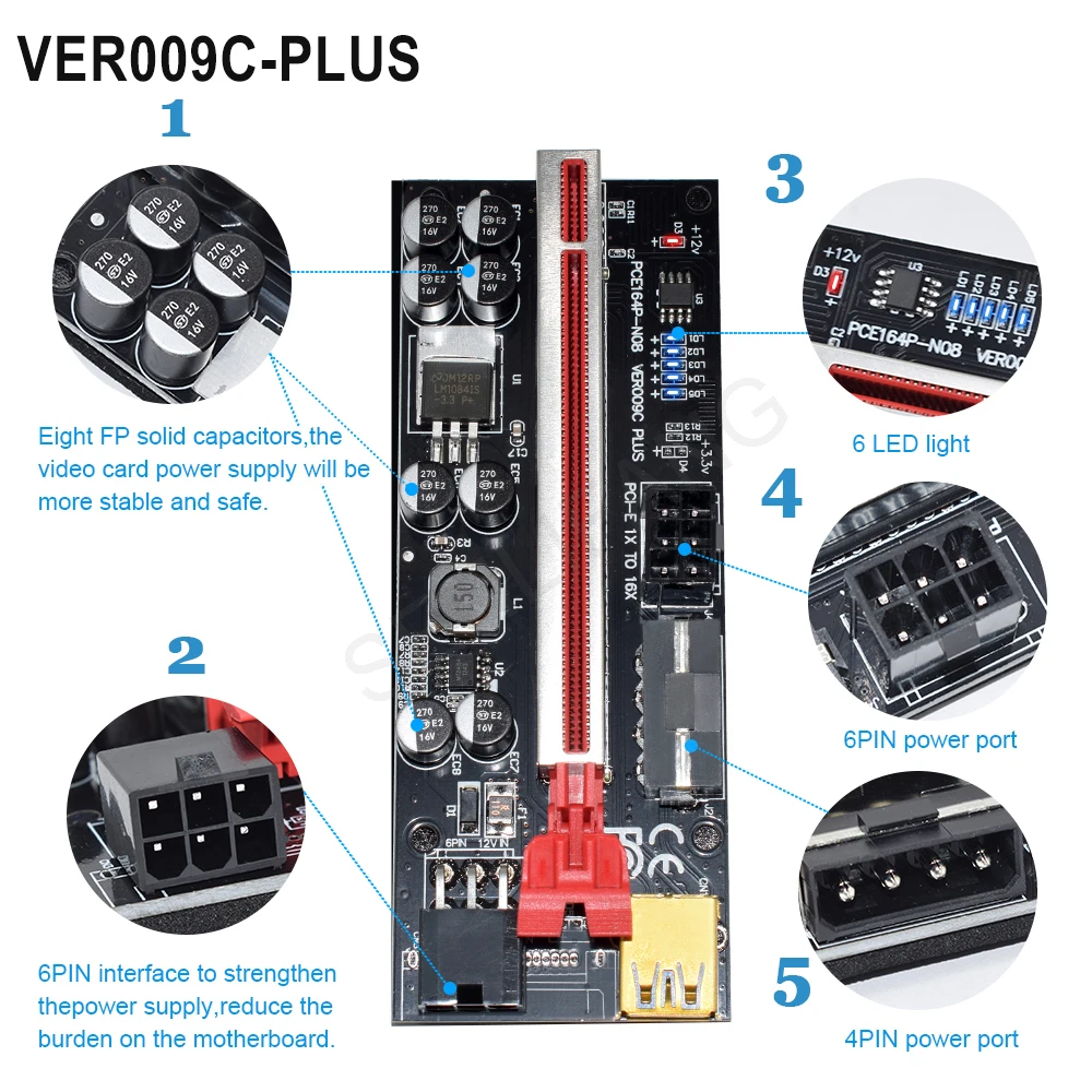 VER009S USB 3.0 PCIE Riser Cartão Adaptador, VER009C PLUS VER010-X VER012 Max Express 16x, SATA 15Pin para 6Pin, mais novo, 1 a 10pcs