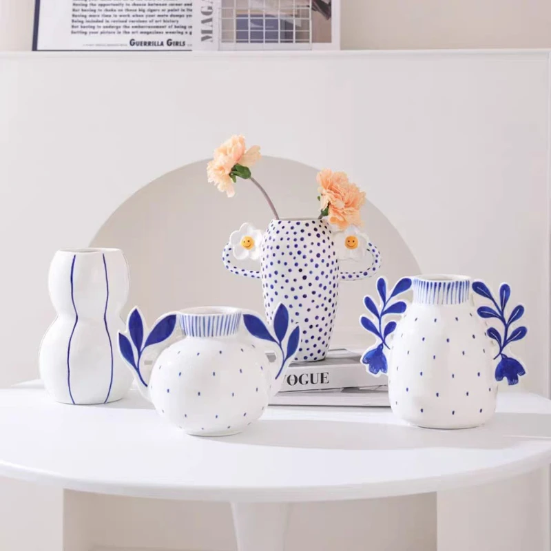 Nordic Minimalist and Creative Hand-painted Ceramic Vase Home Decor Accessories with Flower Inserts Multi Style Double Ear Vase