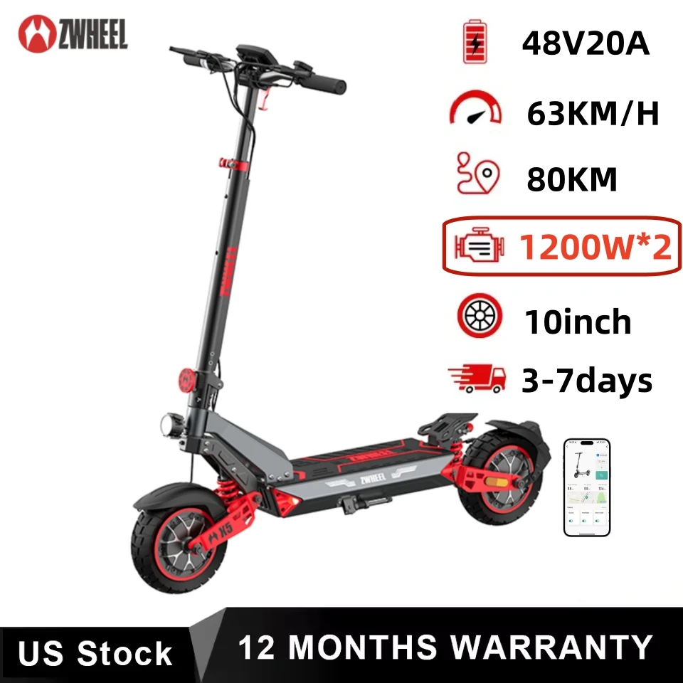 

ZWHEEL Electric Scooter Dual Motor Drive 1200W*2 Max Speed 63KM/H 10inch Vacuum Off-road Tire Folding Electric Scooter for Adult 80KM Max Range Battery 48V20A