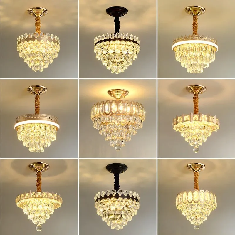 

Modern Gold K9 Crystal European Corridor Chandelier Hallway Entrance Porch Balcony American Bedroom Study Small Ceiling Lamp