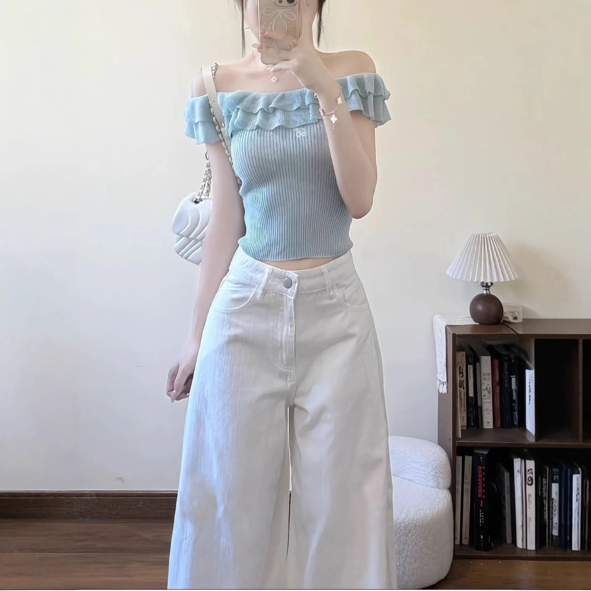 High Waist Wide Leg Jeans White Loose Fitting Slimming Cover Hip Straight Cut Denim Pants for Women Autumn Wear Casual Style