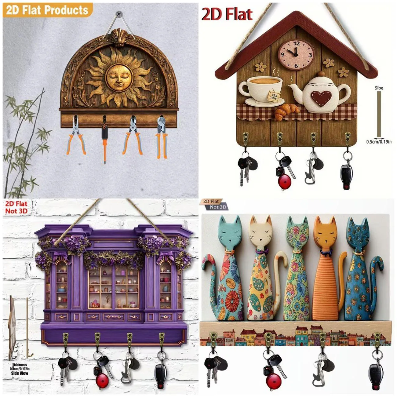 1 wooden multifunctional home key holder, 4 metal hooks, 2D graphic design, wall mounted storage key accessories