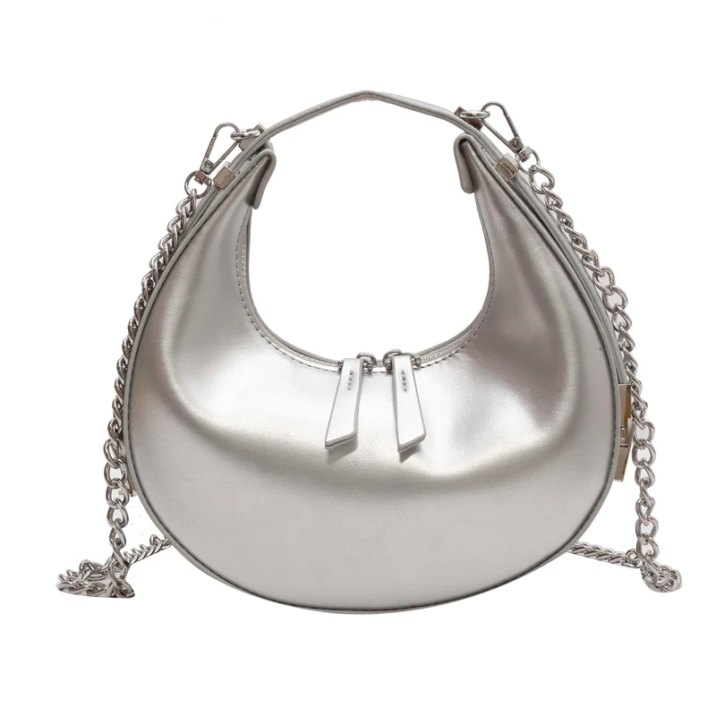 LEFTSIDE Small Silver Leather Crossbody Bags for Women 2023 Trend Underarm Handbags and Purses Chain Armpit Shoulder Side Bags