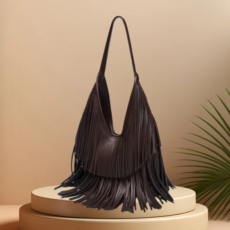 

rench Style Fashionable Tassel Bag Minimalist Solid Color Fringe Hobo Bag Elegant PU Leather Long Tassels Armpit Bag
