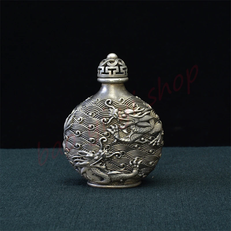 

White copper/silver plated snuff bottle/double dragon pearl playing snuff bottle/auspicious ornaments/old articles