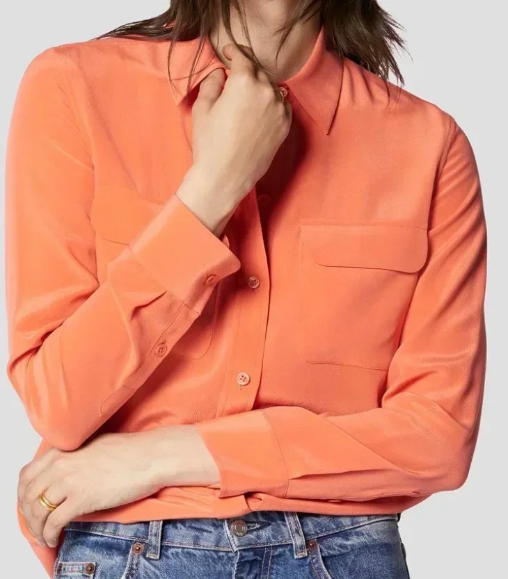 39 Colors Option Draped Sand-washed Mulberry Silk Shirt Women Blouse Classic Double-pockets Solid Color Long-sleeved Silk Shirt - Image 4